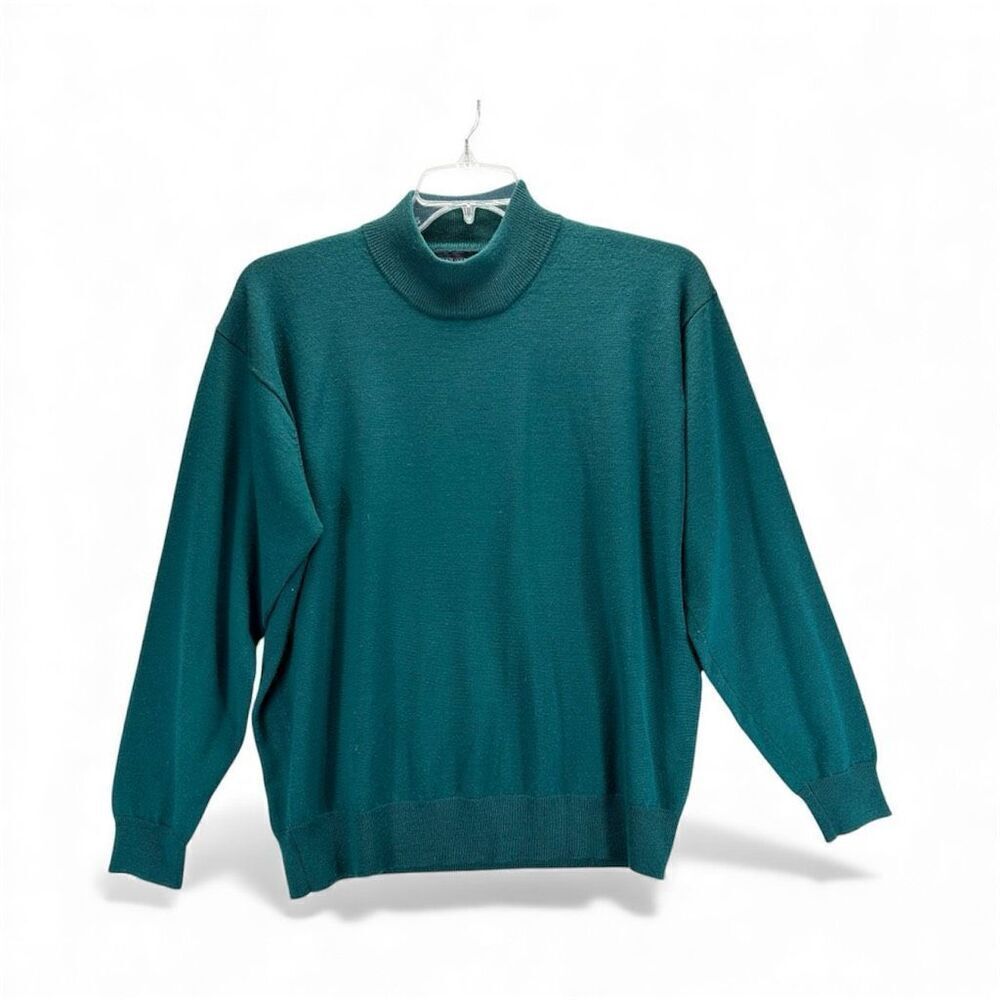 Lands’ End Men’s 100% Merino Wool Mock Neck Sweater Green Holiday L 42-44